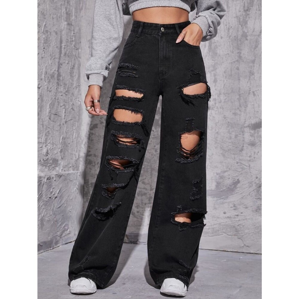 👖4/$20!👖Shein Fully-Distressed Leg Ripped Black Jeans